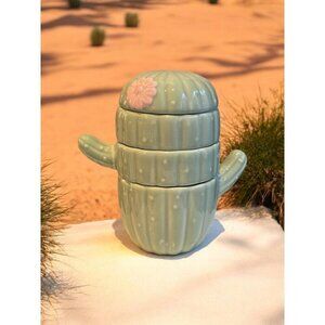 New Cermatic Green & Pink Catus W/ Flower 4 Stackable Kitchen Measuring Cups